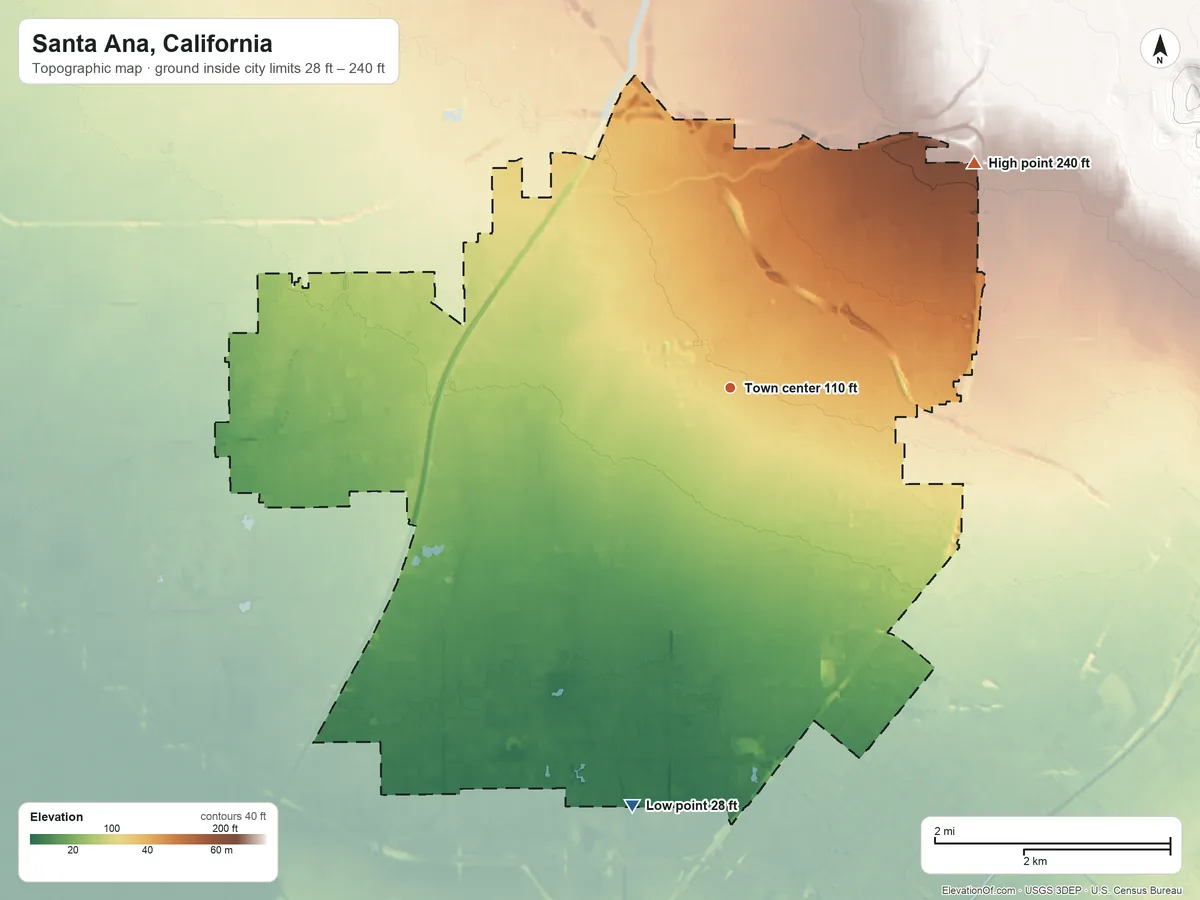 Topographic elevation map of Santa Ana, California, shaded from 28 ft on the south side to 240 ft at the foot of the Peralta Hills