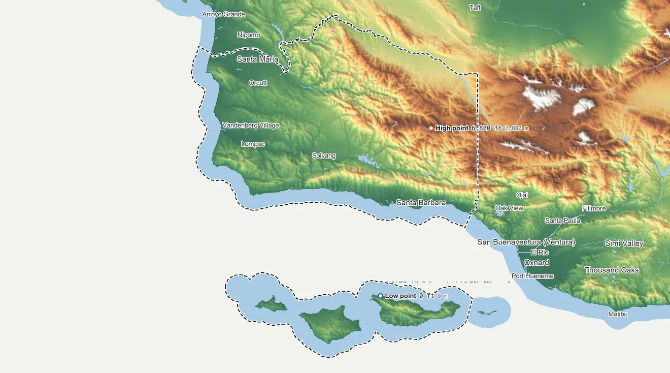 Topographic elevation map of Santa Barbara County, California, shaded from sea level on the Pacific Ocean to 6,820 ft on Big Pine Mountain