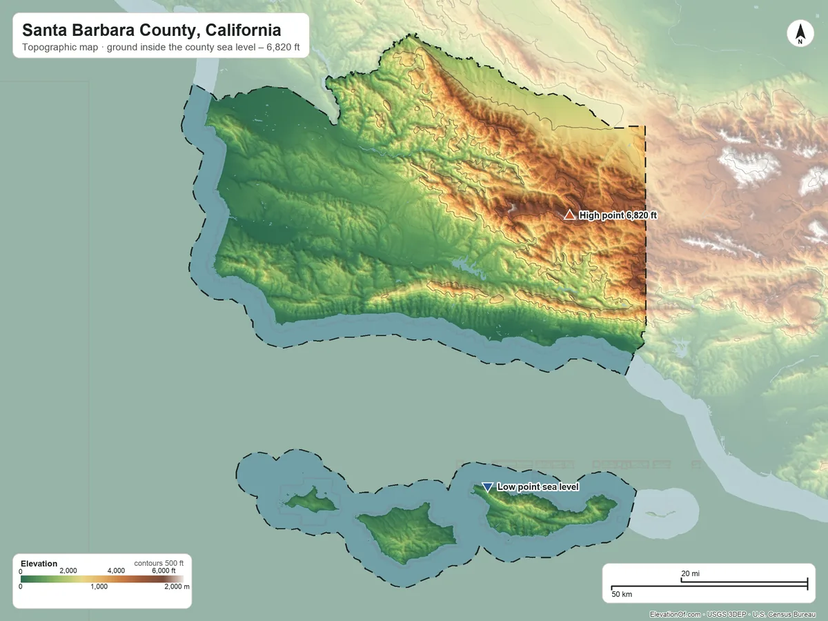 Topographic elevation map of Santa Barbara County, California, shaded from sea level on the Pacific Ocean to 6,820 ft on Big Pine Mountain