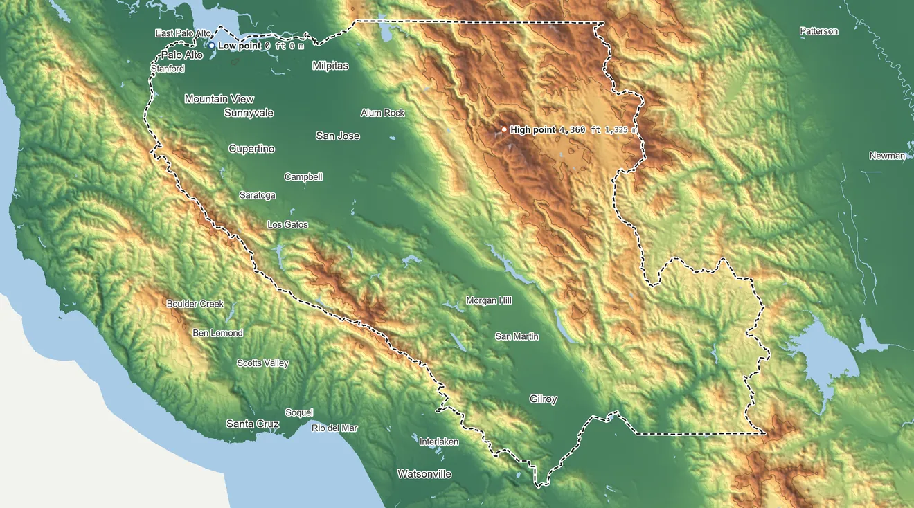Topographic elevation map of Santa Clara County, California, shaded from sea level on San Francisco Bay to 4,360 ft on Copernicus Peak