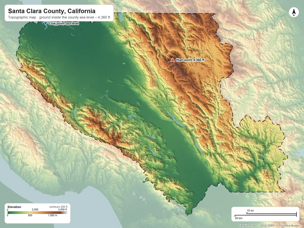 Topographic elevation map of Santa Clara County, California, shaded from sea level on San Francisco Bay to 4,360 ft on Copernicus Peak