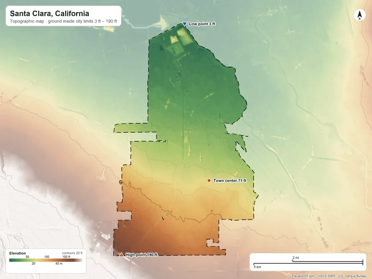 Topographic elevation map of Santa Clara, California, shaded from 3 ft on the north side to 190 ft on the southwest side