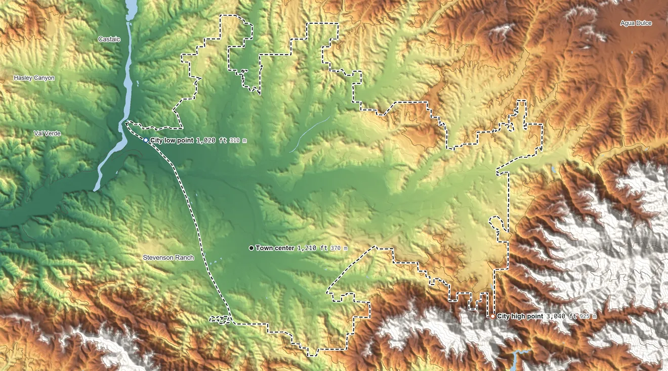 Topographic elevation map of Santa Clarita, California, shaded from 1,020 ft on the northwest side to 3,040 ft at the foot of the Santa Susana Mountains
