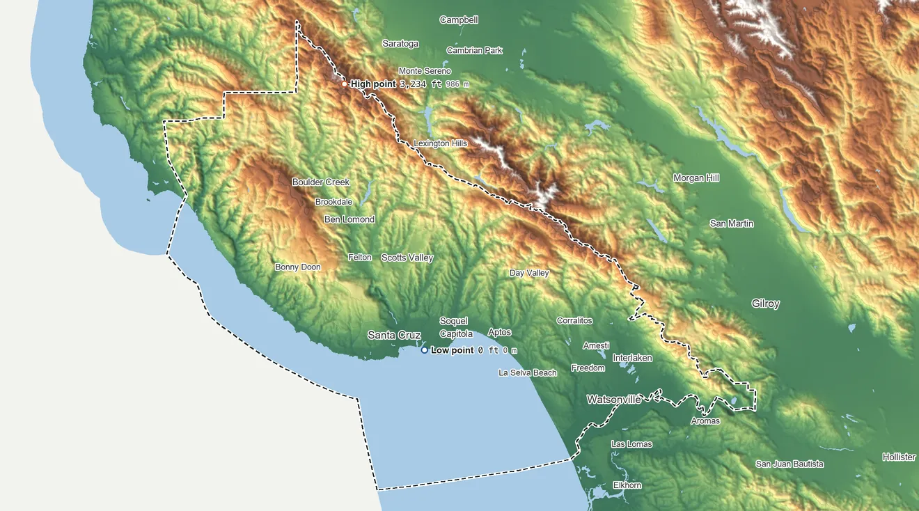 Topographic elevation map of Santa Cruz County, California, shaded from sea level on Monterey Bay to 3,234 ft on Mount Bielawski
