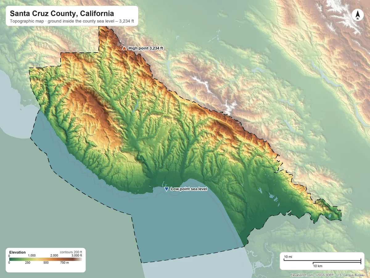 Topographic elevation map of Santa Cruz County, California, shaded from sea level on Monterey Bay to 3,234 ft on Mount Bielawski