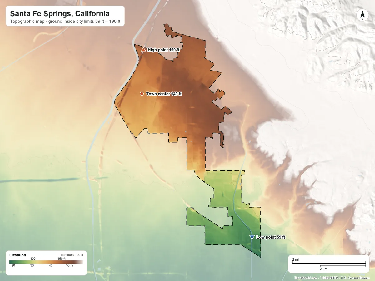 Topographic elevation map of Santa Fe Springs, California, shaded from 59 ft on the southeast side to 190 ft on the north side