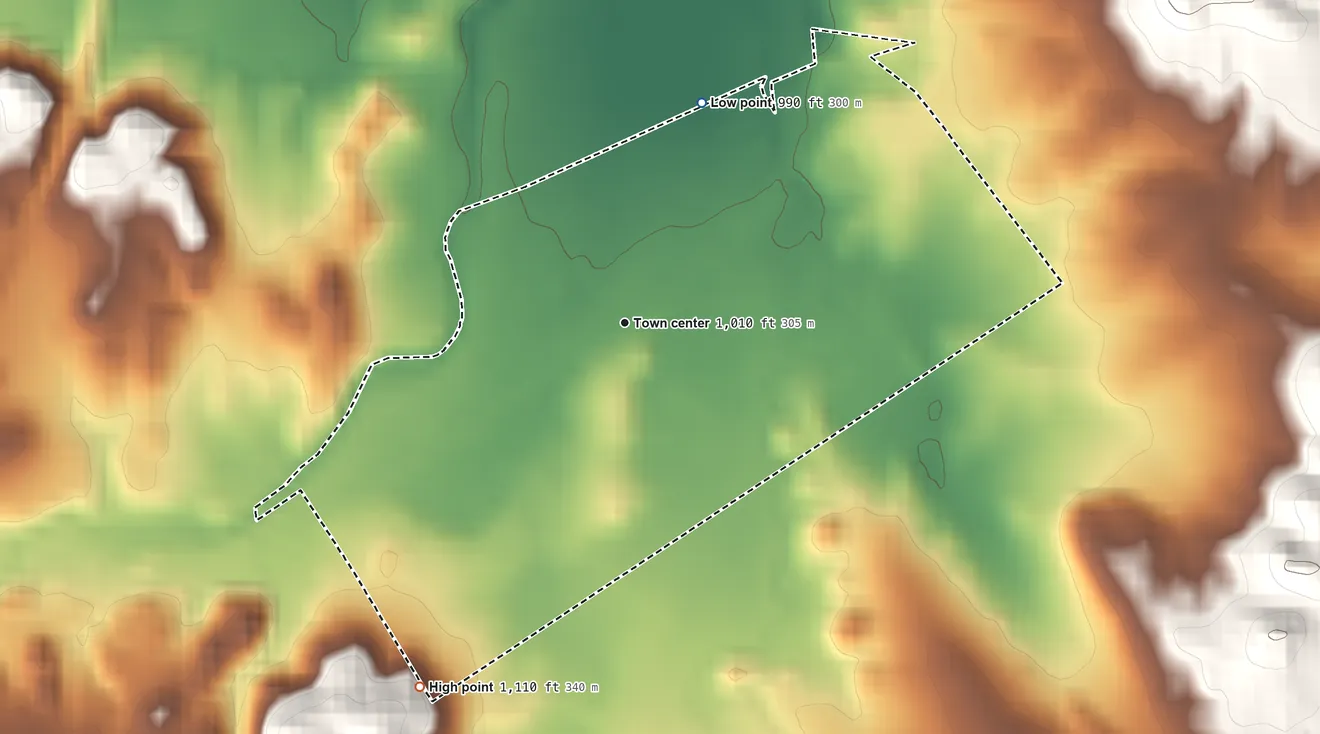 Topographic elevation map of Santa Margarita, California, shaded from 990 ft on the north side to 1,110 ft at the foot of the Irish Hills