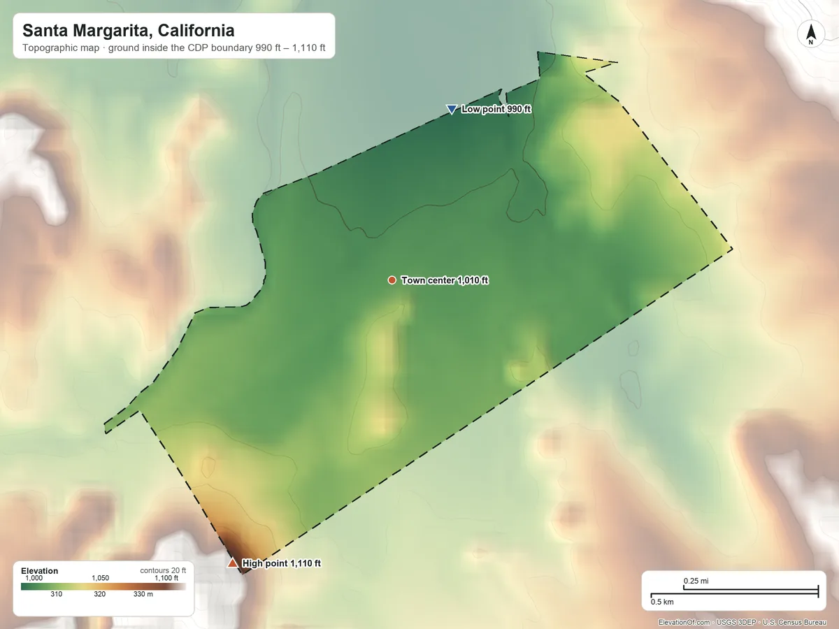 Topographic elevation map of Santa Margarita, California, shaded from 990 ft on the north side to 1,110 ft at the foot of the Irish Hills