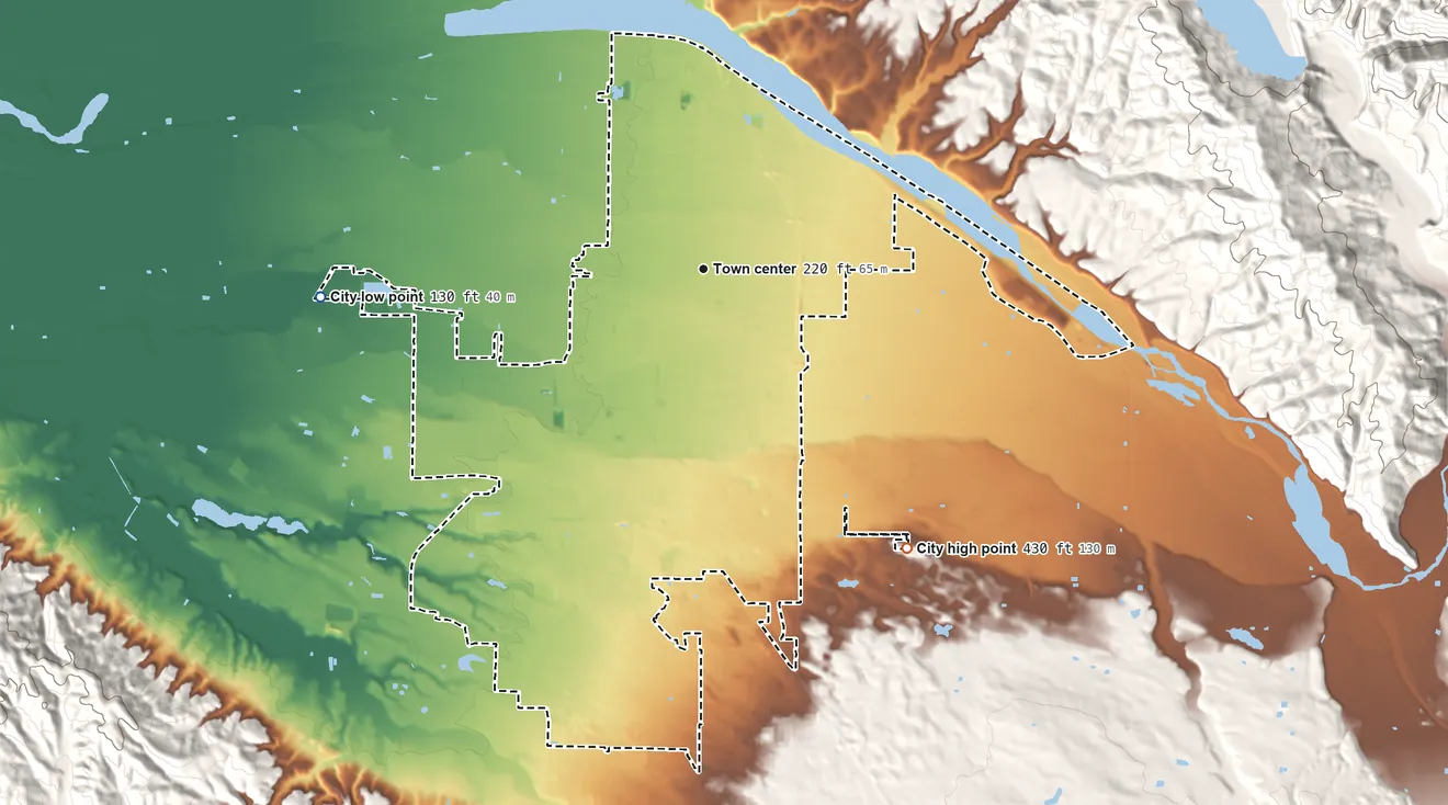 Topographic elevation map of Santa Maria, California, shaded from 130 ft on the west side to 430 ft on the southeast side