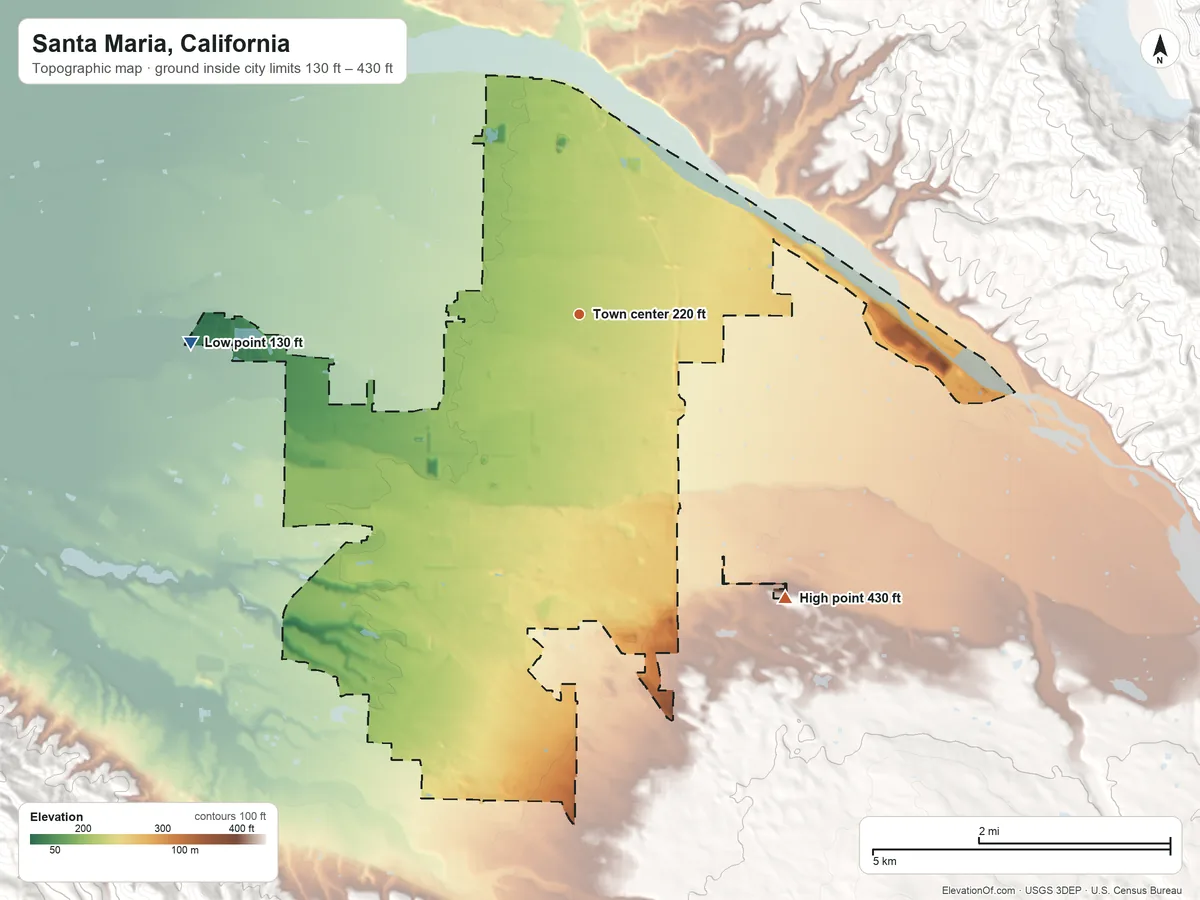 Topographic elevation map of Santa Maria, California, shaded from 130 ft on the west side to 430 ft on the southeast side