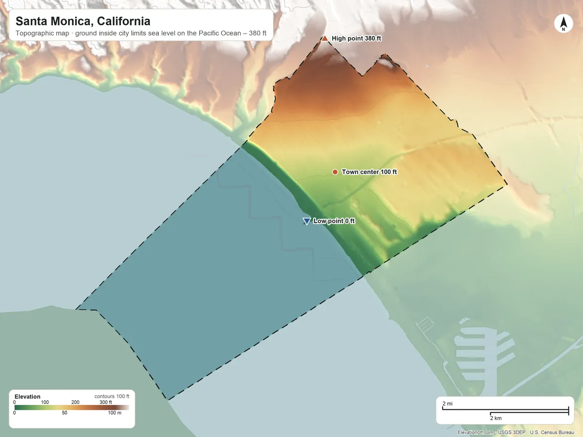 Topographic elevation map of Santa Monica, California, shaded from sea level level on the Pacific Ocean to 380 ft at the foot of the Baldwin Hills