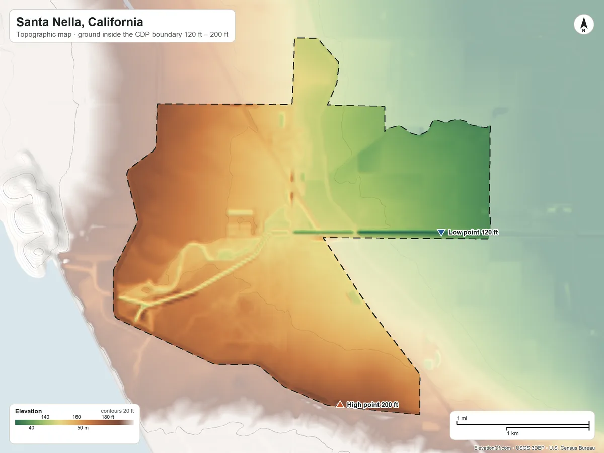 Topographic elevation map of Santa Nella, California, shaded from 120 ft on the east side to 200 ft on the southeast side