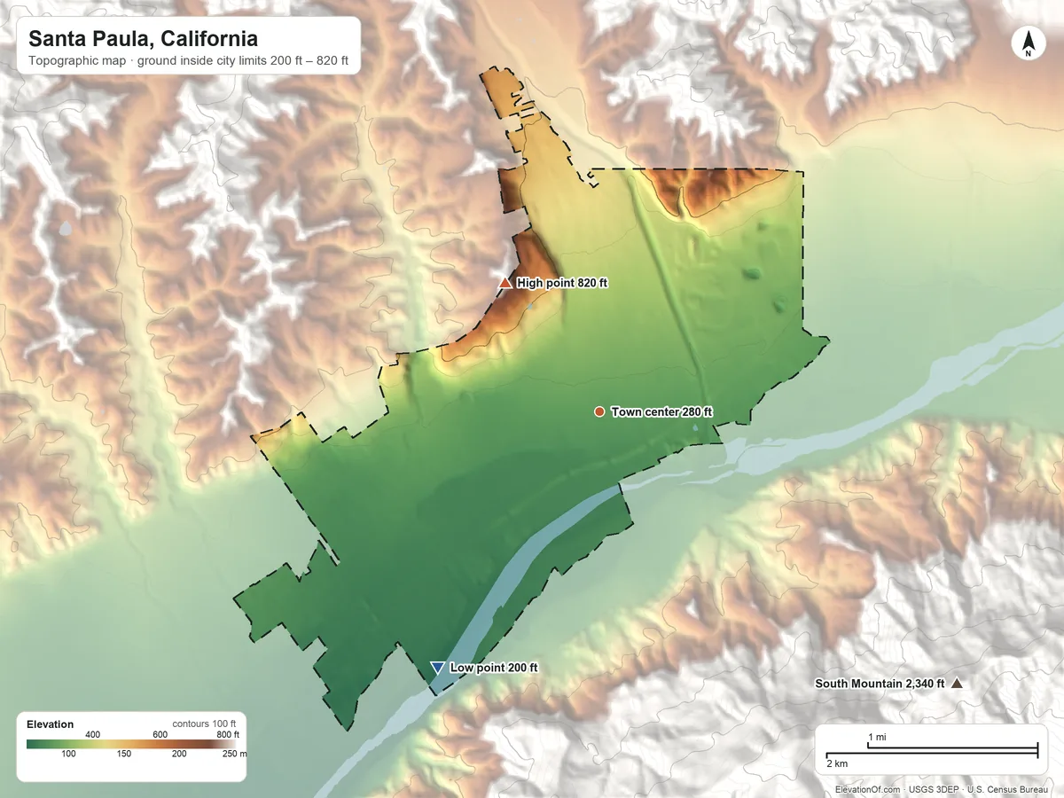 Topographic elevation map of Santa Paula, California, shaded from 200 ft on the southwest side to 820 ft at the foot of the Topatopa Mountains