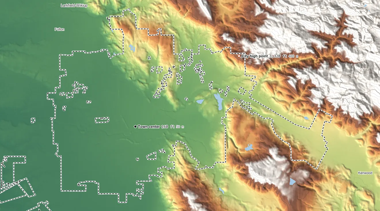 Topographic elevation map of Santa Rosa, California, shaded from 54 ft on the west side to 1,320 ft at the foot of the Bald Hills