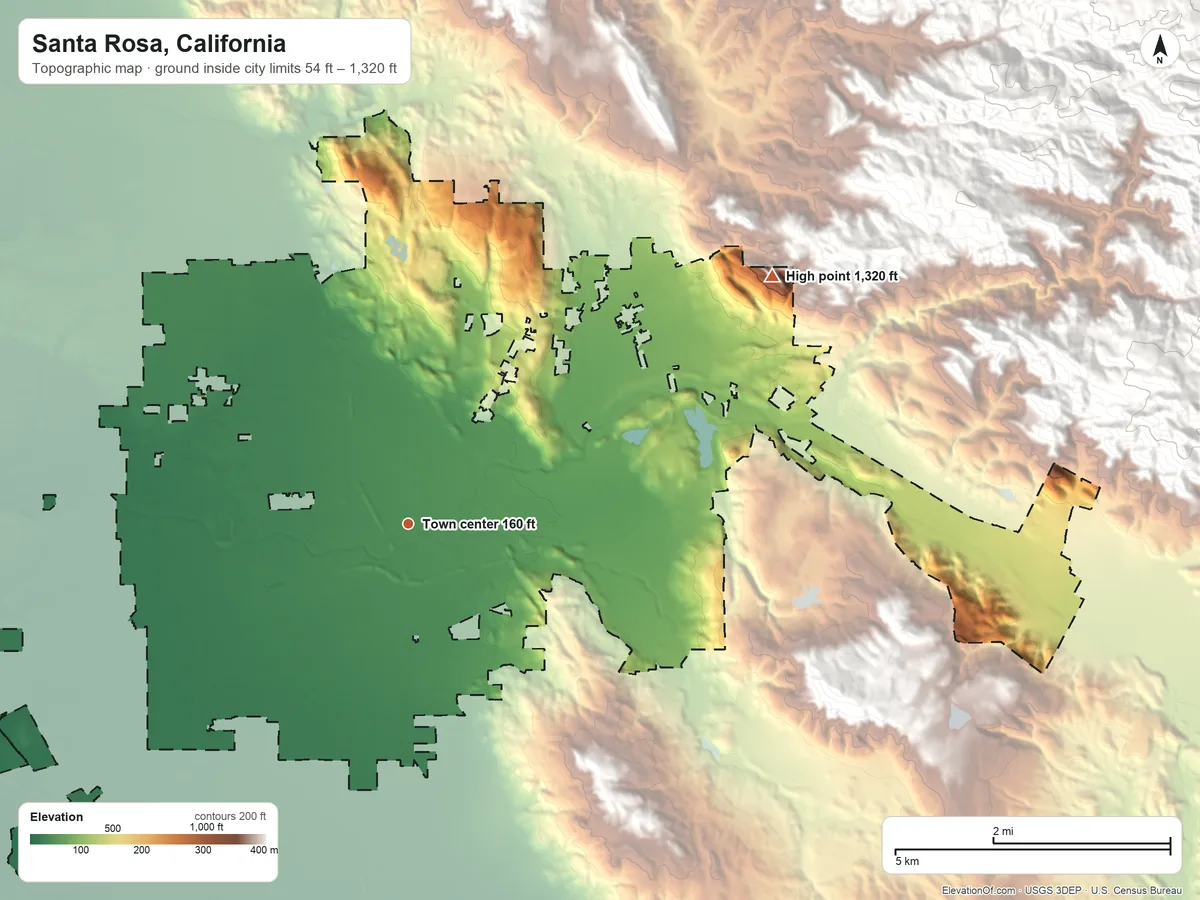 Topographic elevation map of Santa Rosa, California, shaded from 54 ft on the west side to 1,320 ft at the foot of the Bald Hills