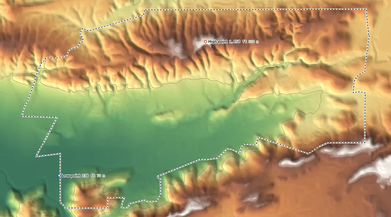 Topographic elevation map of Santa Rosa Valley, California, shaded from 230 ft on the southwest side to 1,050 ft on the north side