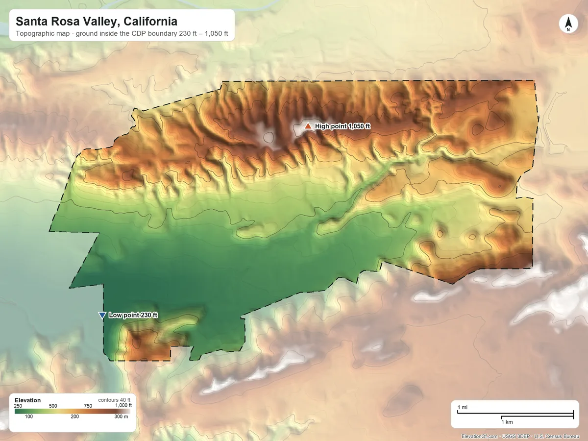 Topographic elevation map of Santa Rosa Valley, California, shaded from 230 ft on the southwest side to 1,050 ft on the north side