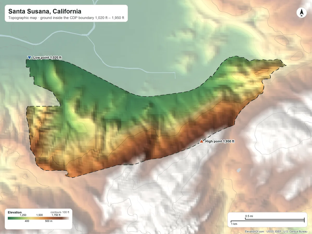 Topographic elevation map of Santa Susana, California, shaded from 1,020 ft on the northwest side to 1,950 ft at the foot of the Simi Hills