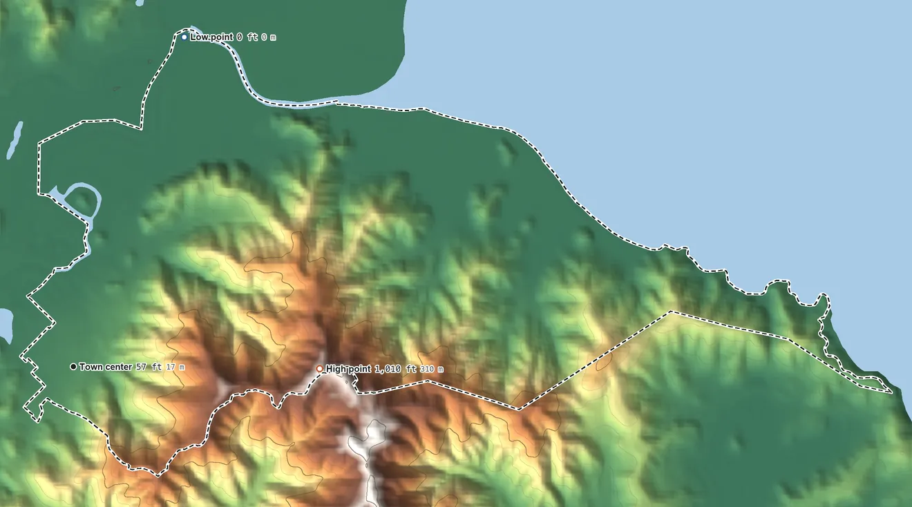 Topographic elevation map of Santa Venetia, California, shaded from sea level level on San Pablo Bay to 1,010 ft on the east side