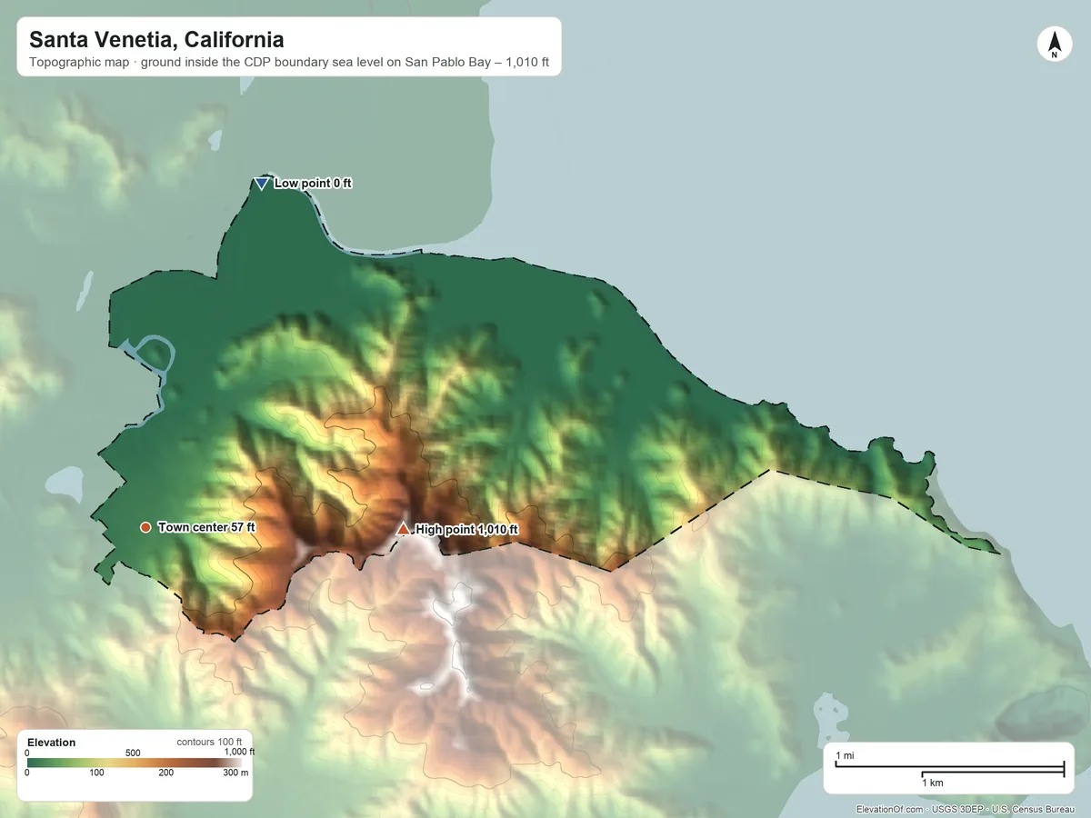 Topographic elevation map of Santa Venetia, California, shaded from sea level level on San Pablo Bay to 1,010 ft on the east side