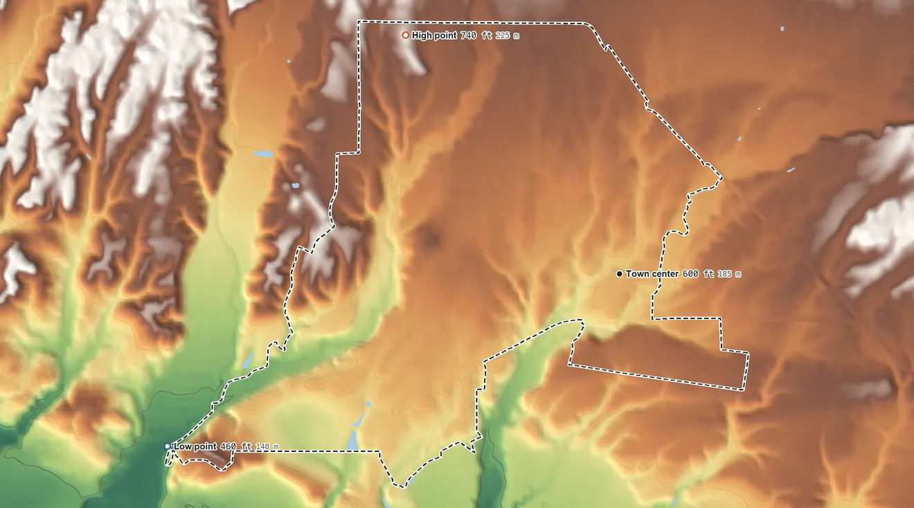 Topographic elevation map of Santa Ynez, California, shaded from 460 ft on the west side to 740 ft on the northwest side