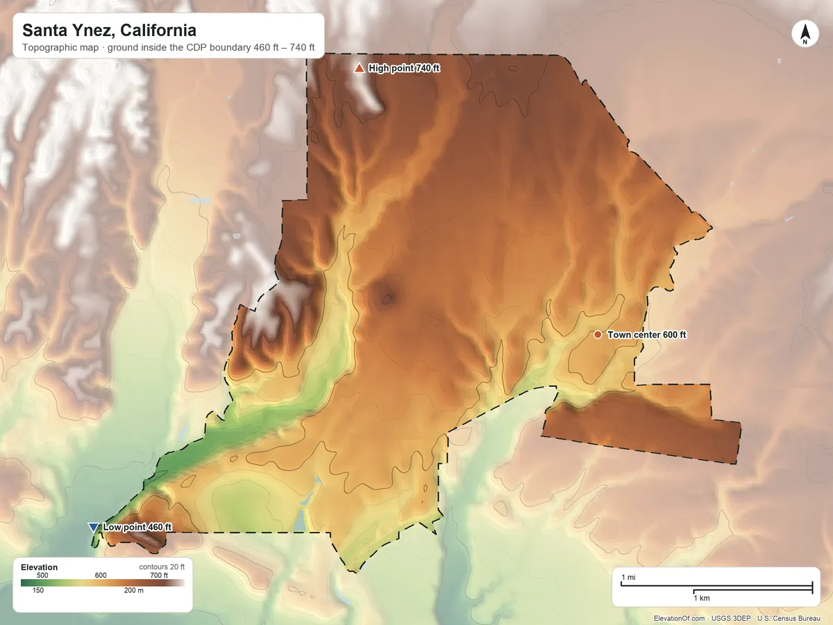 Topographic elevation map of Santa Ynez, California, shaded from 460 ft on the west side to 740 ft on the northwest side