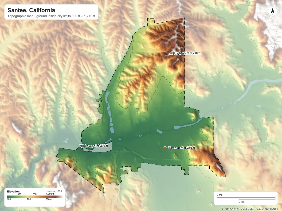Topographic elevation map of Santee, California, shaded from 300 ft on the west side to 1,210 ft on the north side