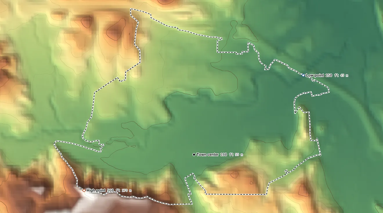 Topographic elevation map of Saranap, California, shaded from 150 ft on the northeast side to 560 ft on the west side