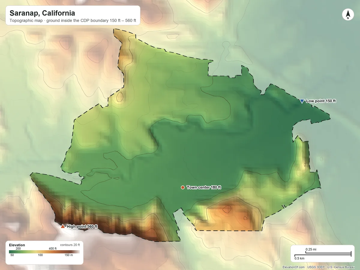 Topographic elevation map of Saranap, California, shaded from 150 ft on the northeast side to 560 ft on the west side