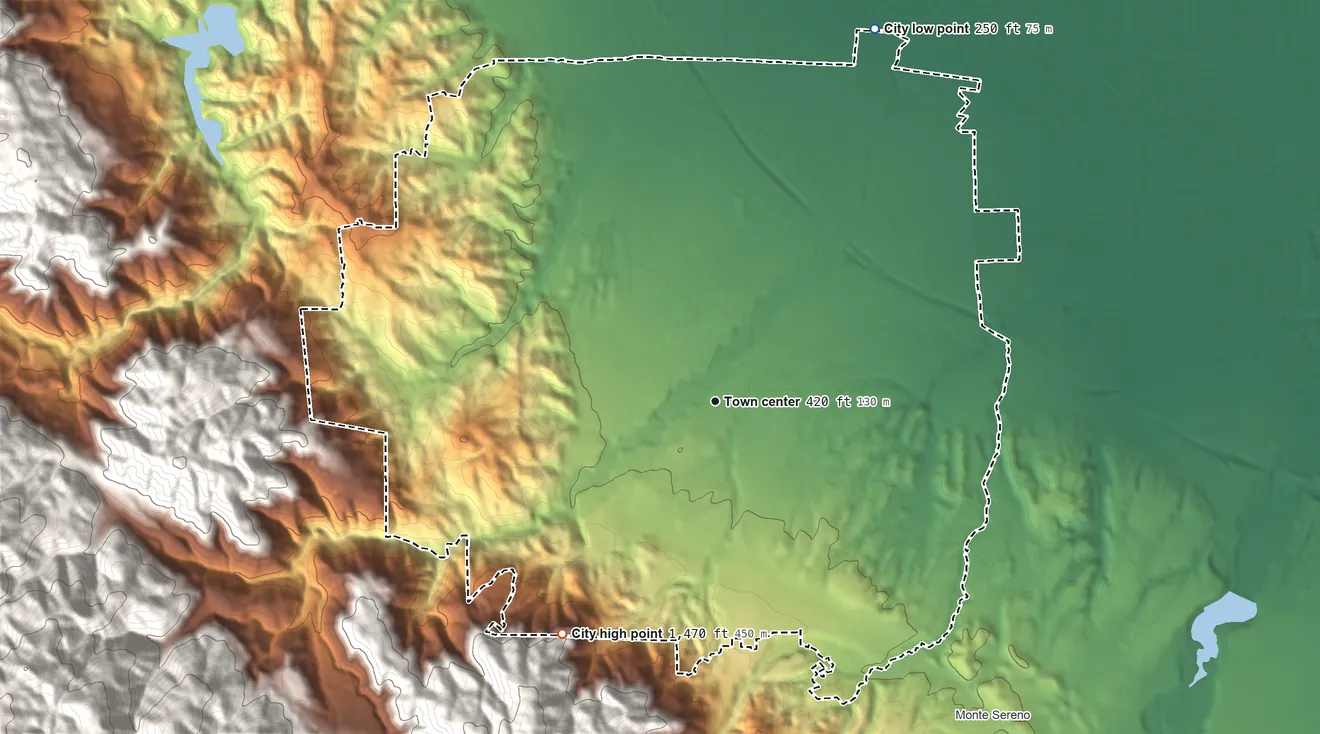 Topographic elevation map of Saratoga, California, shaded from 250 ft on the northeast side to 1,470 ft at the foot of the Santa Cruz Mountains
