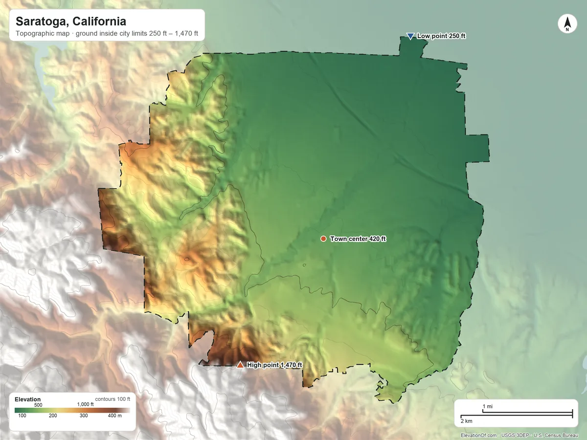 Topographic elevation map of Saratoga, California, shaded from 250 ft on the northeast side to 1,470 ft at the foot of the Santa Cruz Mountains