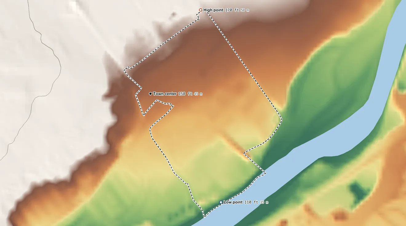 Topographic elevation map of Saticoy, California, shaded from 110 ft on the southeast side to 170 ft on the northeast edge, below higher ground just outside
