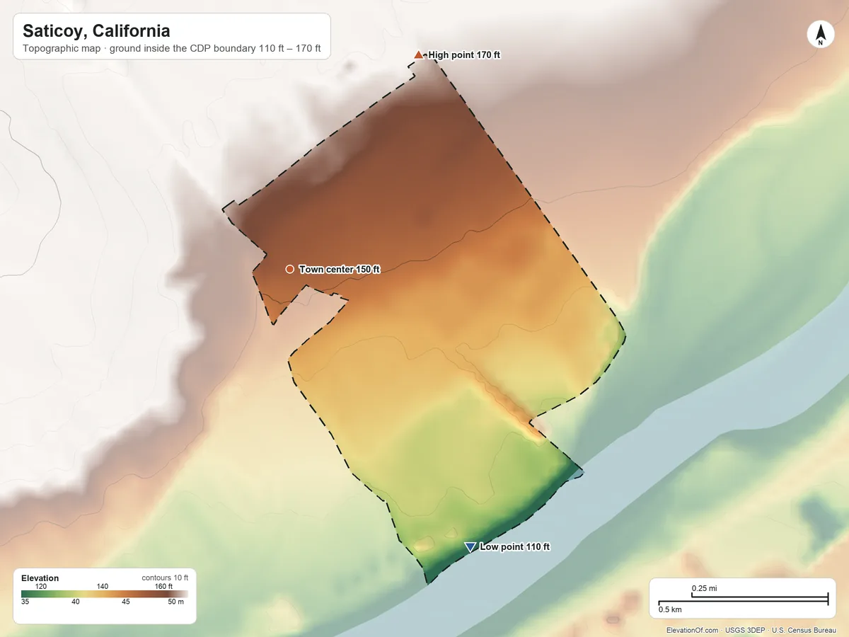Topographic elevation map of Saticoy, California, shaded from 110 ft on the southeast side to 170 ft on the northeast edge, below higher ground just outside