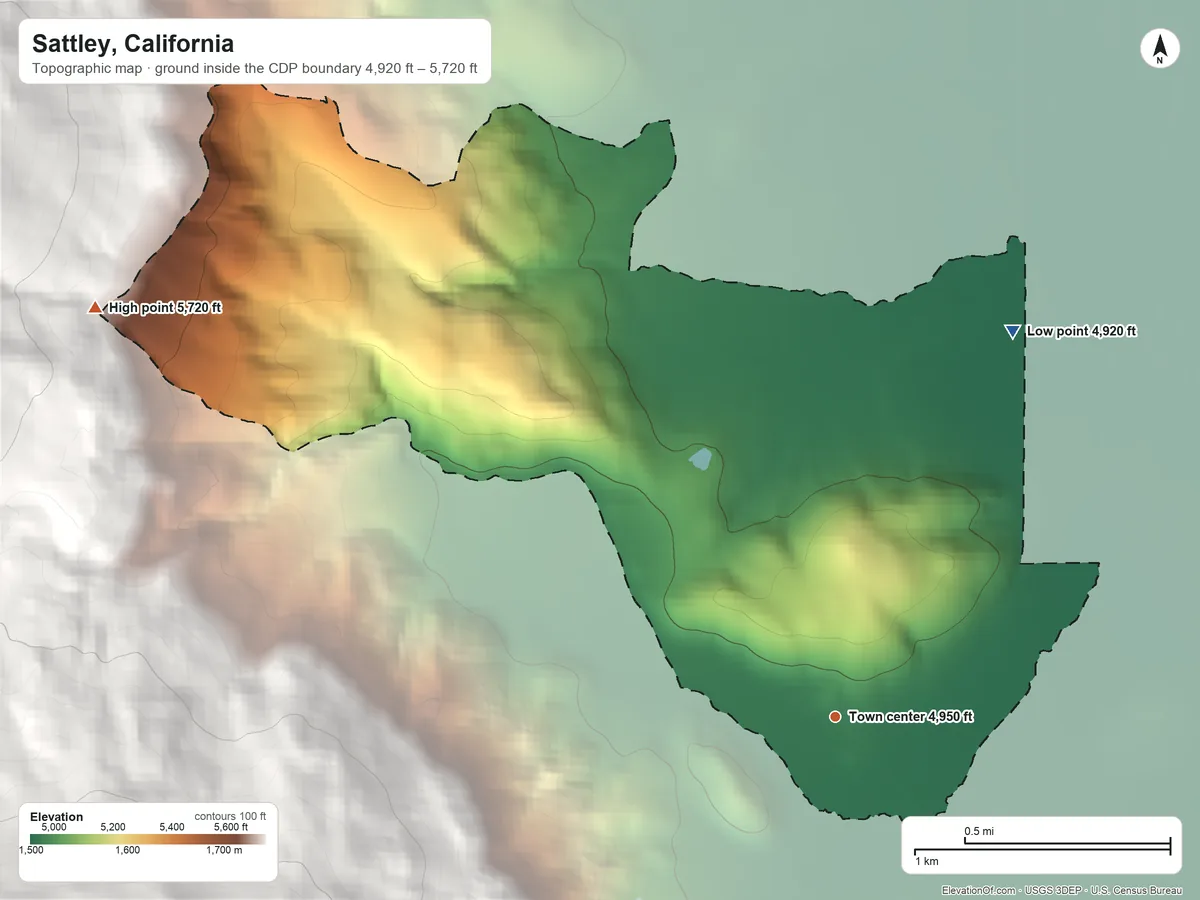 Topographic elevation map of Sattley, California, shaded from 4,920 ft on the northeast side to 5,720 ft on the northwest edge, below higher ground just outside