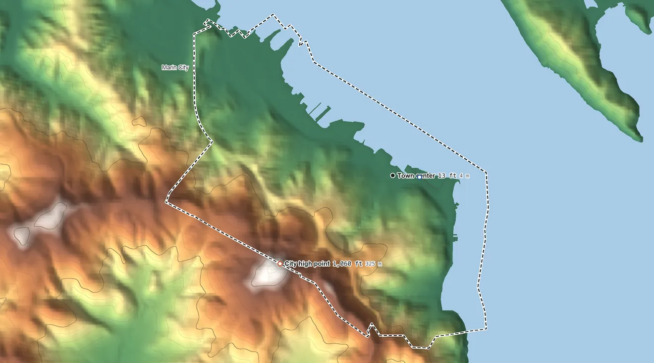 Topographic elevation map of Sausalito, California, shaded from sea level level on Richardson Bay to 1,060 ft on the southwest side