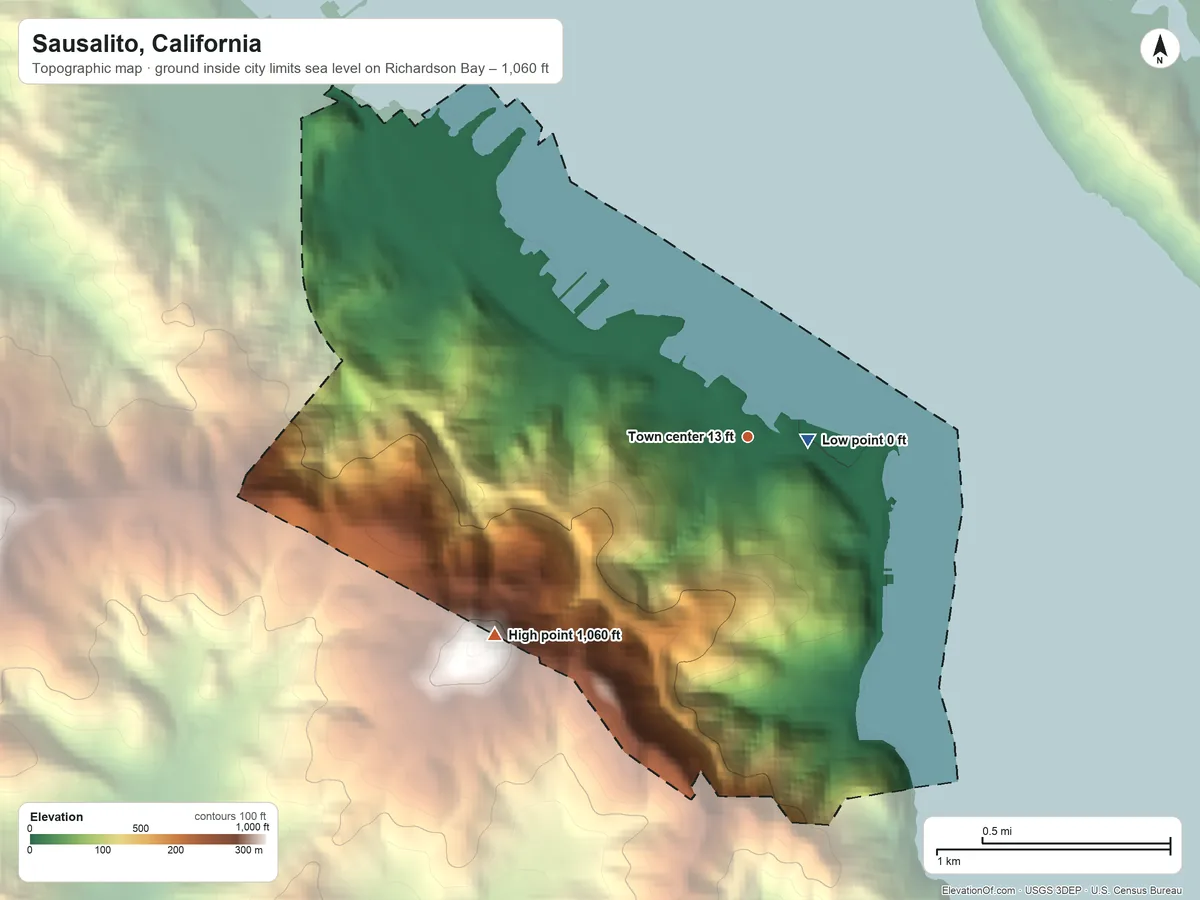 Topographic elevation map of Sausalito, California, shaded from sea level level on Richardson Bay to 1,060 ft on the southwest side