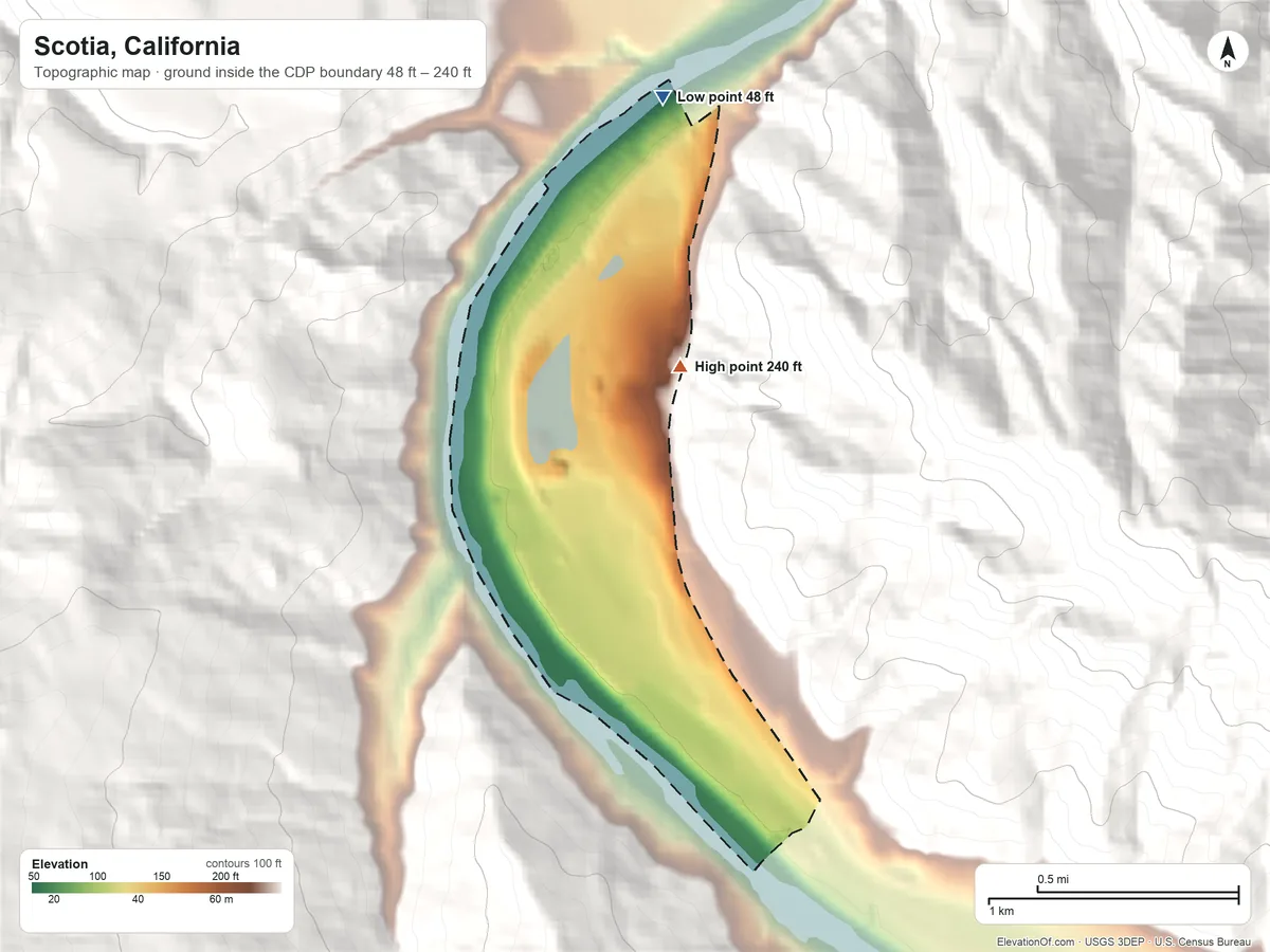 Topographic elevation map of Scotia, California, shaded from 48 ft on the north side to 240 ft at the foot of the Chalk Mountains