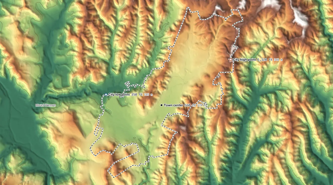 Topographic elevation map of Scotts Valley, California, shaded from 350 ft on the west side to 1,120 ft at the foot of the Sierra Azul