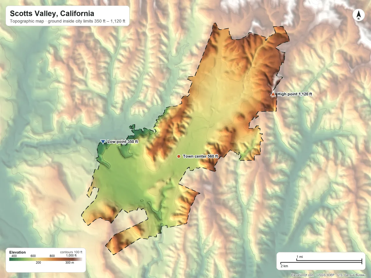Topographic elevation map of Scotts Valley, California, shaded from 350 ft on the west side to 1,120 ft at the foot of the Sierra Azul