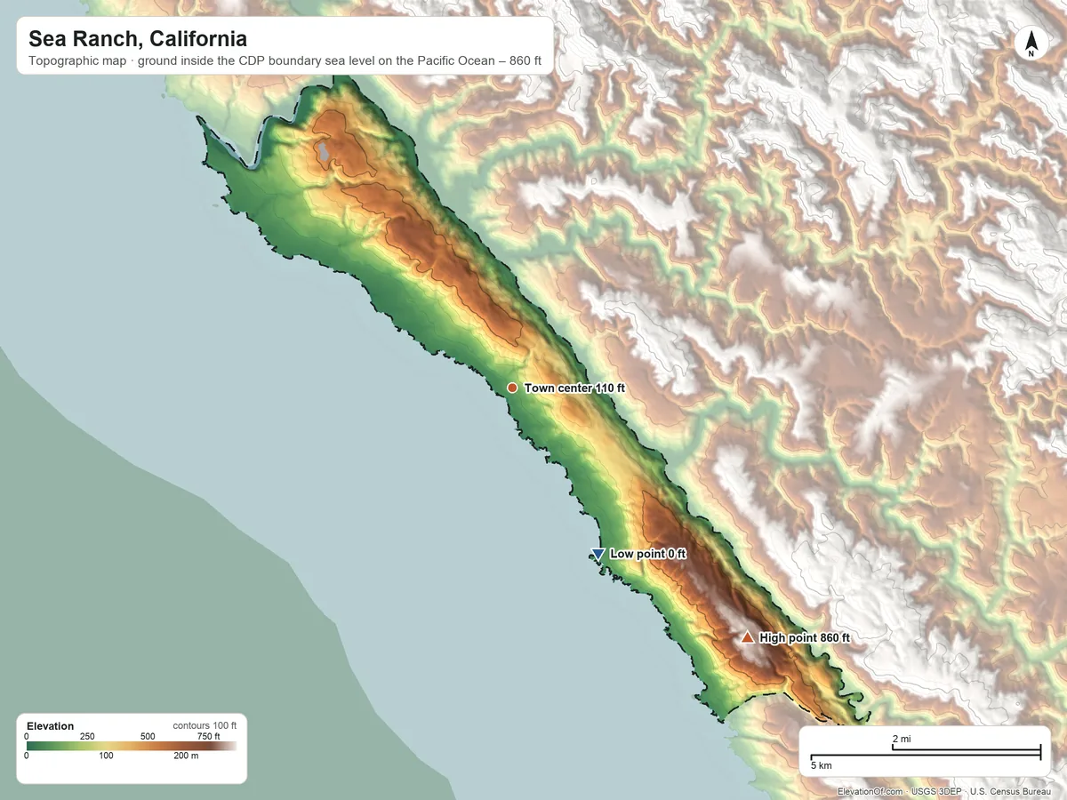 Topographic elevation map of Sea Ranch, California, shaded from sea level level on the Pacific Ocean to 860 ft at the foot of The Girdle