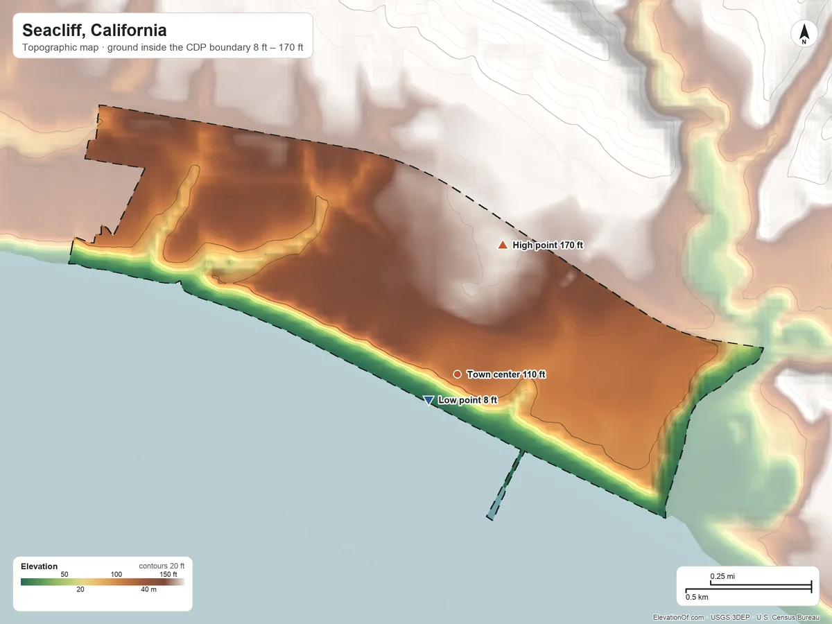 Topographic elevation map of Seacliff, California, shaded from 8 ft near the middle to 170 ft at the foot of the Sierra Azul