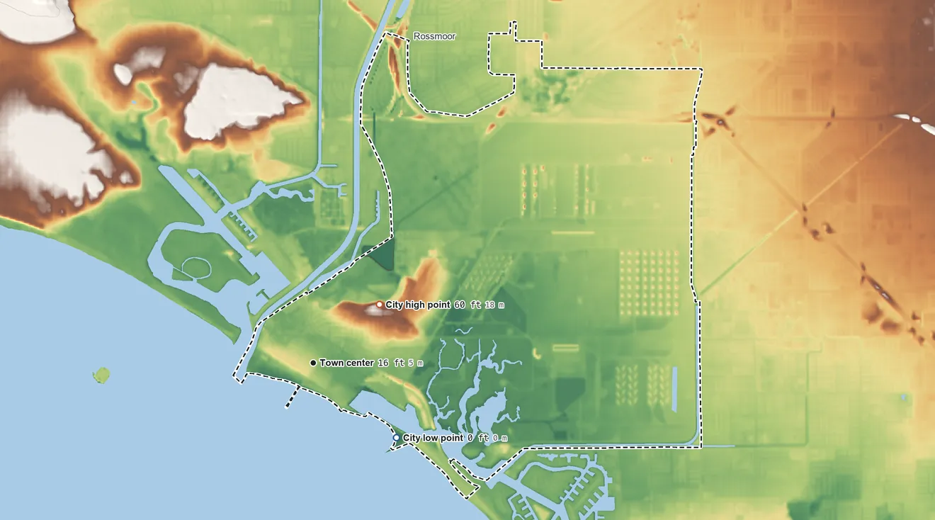 Topographic elevation map of Seal Beach, California, shaded from sea level level on San Pedro Bay to 60 ft on Landing Hill