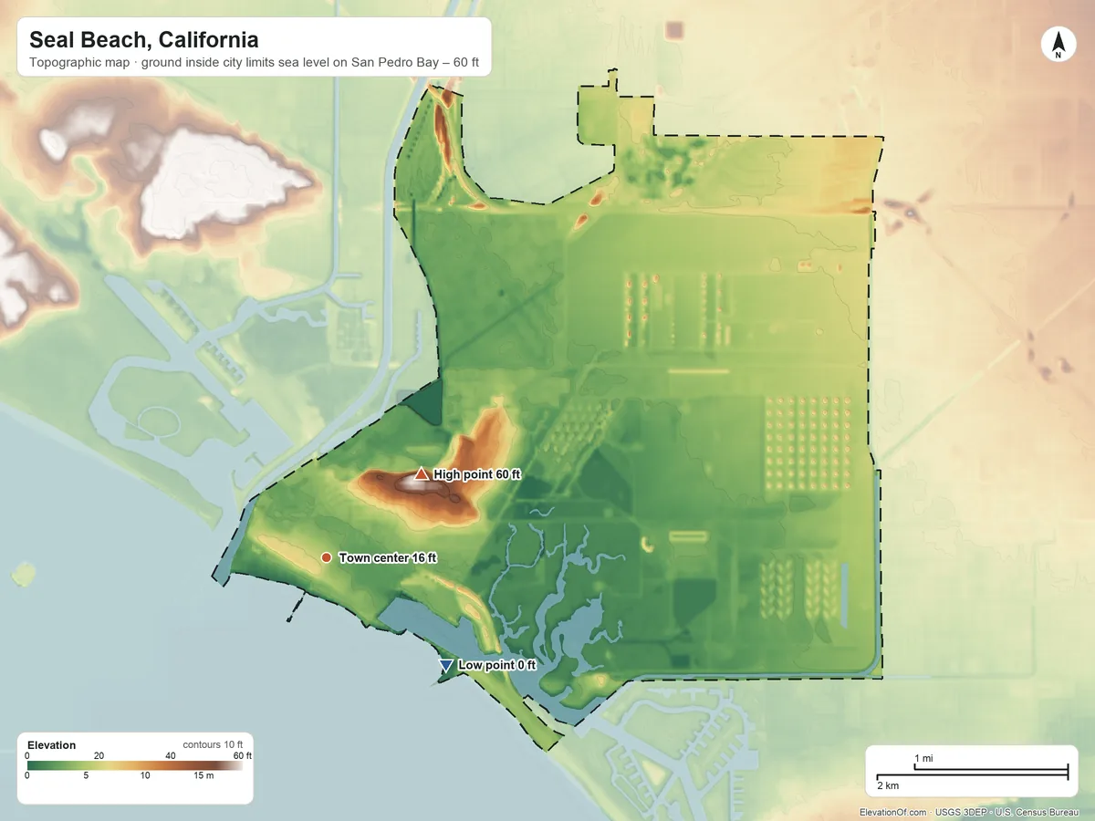Topographic elevation map of Seal Beach, California, shaded from sea level level on San Pedro Bay to 60 ft on Landing Hill