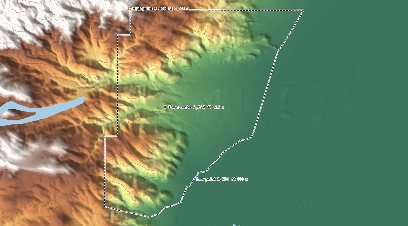 Topographic elevation map of Searles Valley, California, shaded from 1,630 ft on the south side to 3,690 ft at the foot of the Argus Range