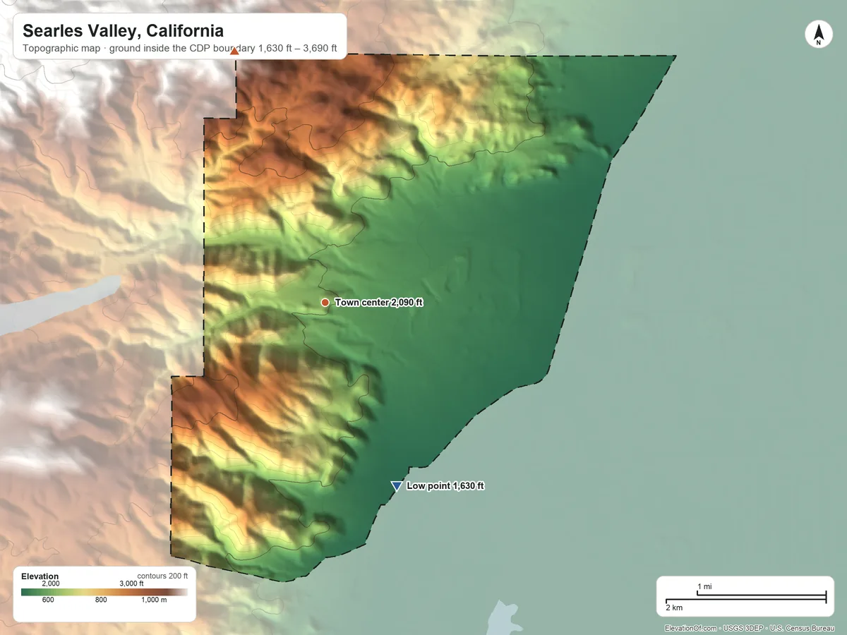 Topographic elevation map of Searles Valley, California, shaded from 1,630 ft on the south side to 3,690 ft at the foot of the Argus Range