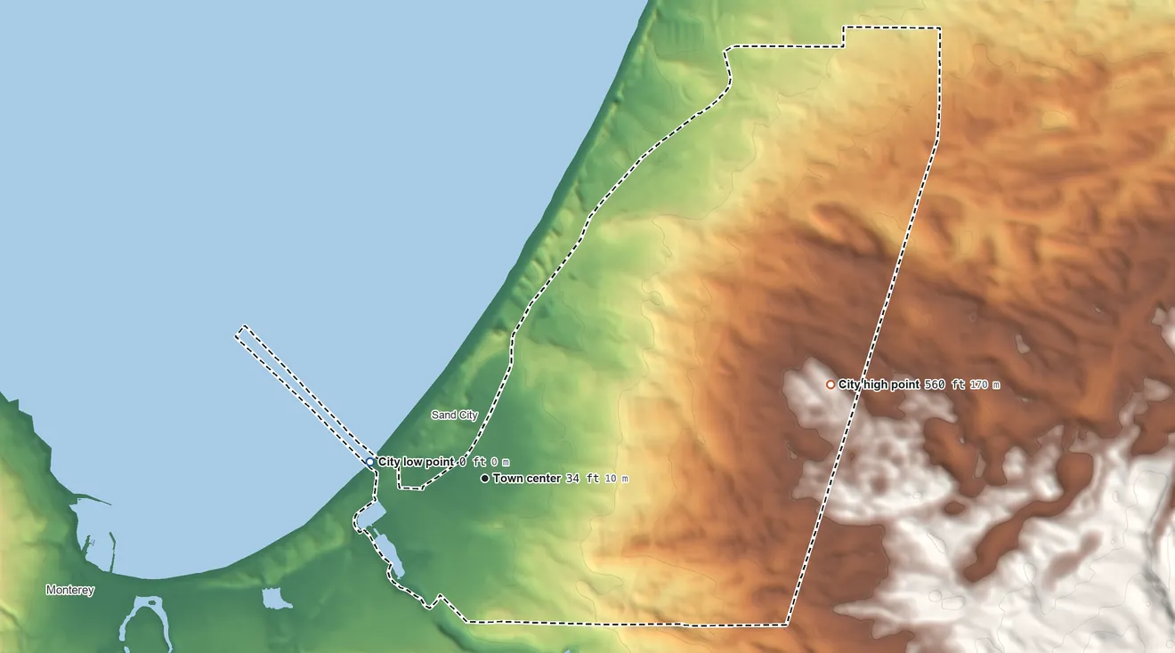 Topographic elevation map of Seaside, California, shaded from sea level level on Monterey Bay to 560 ft on the east side