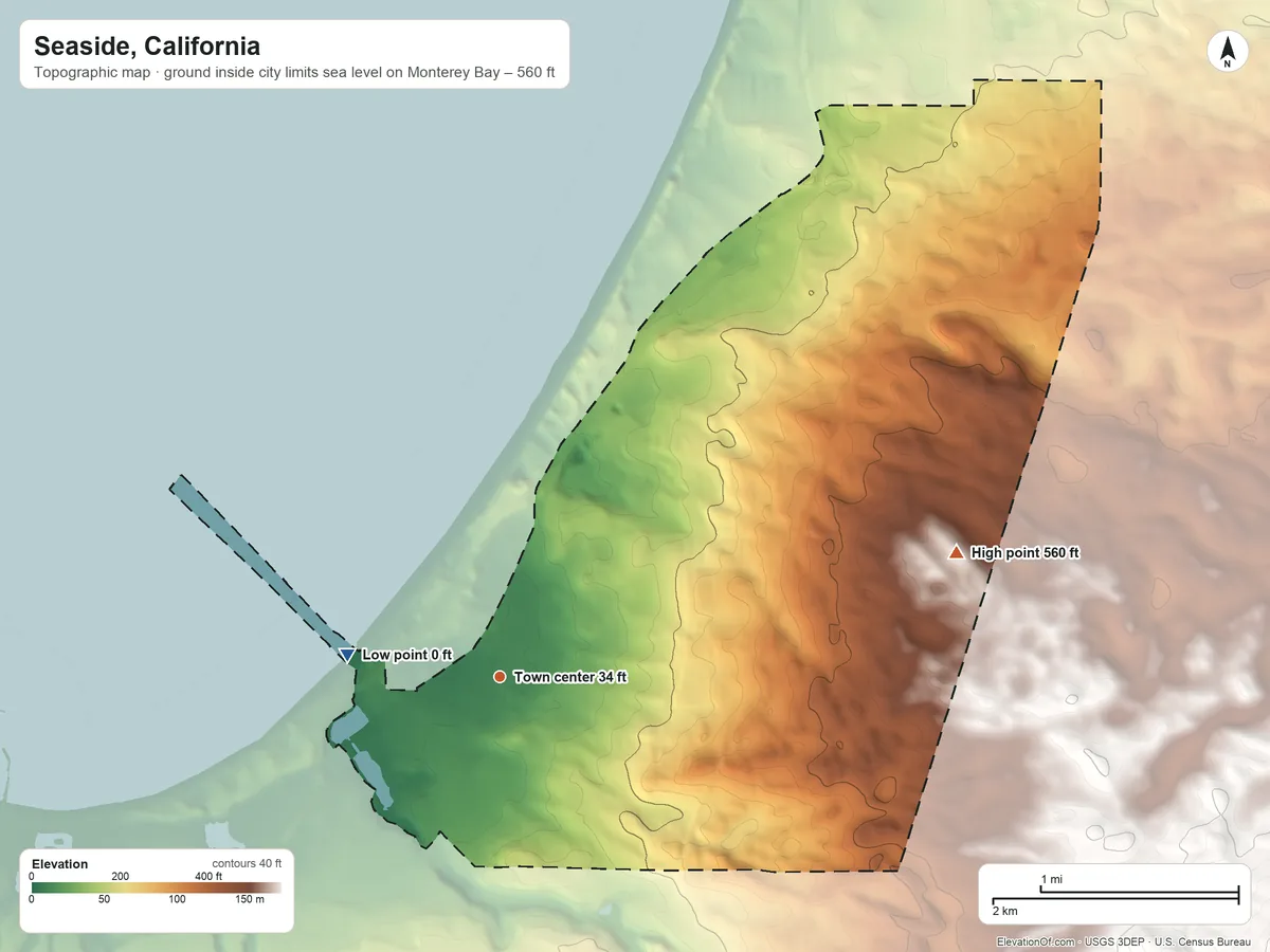 Topographic elevation map of Seaside, California, shaded from sea level level on Monterey Bay to 560 ft on the east side