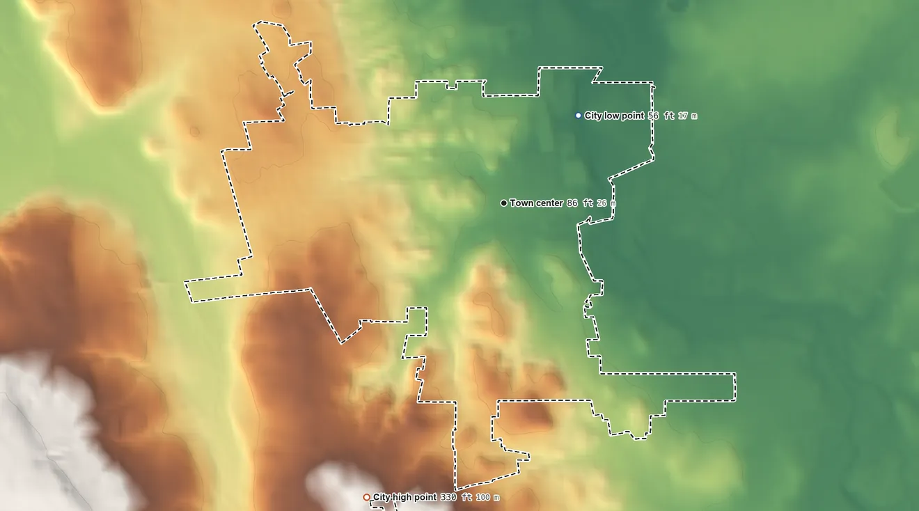 Topographic elevation map of Sebastopol, California, shaded from 56 ft on the northeast side to 330 ft on the southwest side