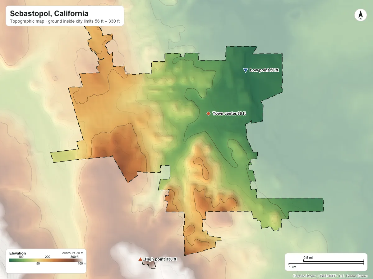 Topographic elevation map of Sebastopol, California, shaded from 56 ft on the northeast side to 330 ft on the southwest side