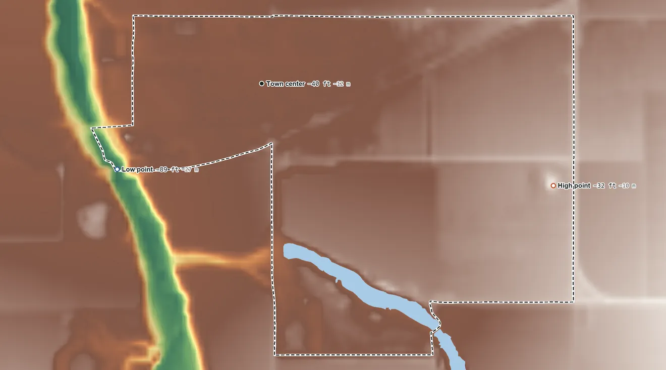 Topographic elevation map of Seeley, California, shaded from −89 ft on the southwest side to −32 ft on the east side